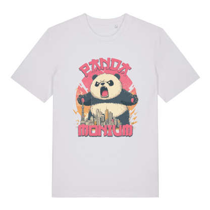 white women's funny animal t-shirt with a graphic of a panda holding a cityscape and the text 'Panda Montium'