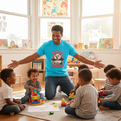 Man wearing a pandamonium t-shirt playing with children in a classroom setting