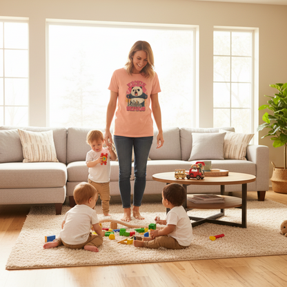 Woman wearing a pandamonium t-shirt watching children playing with toys in a living room