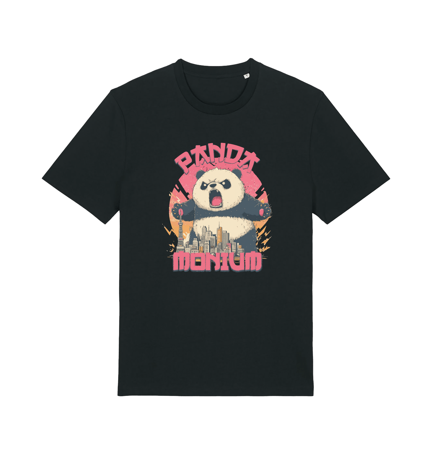 Black funny animal t-shirt with a graphic of a panda standing over a cityscape and the slogan 'Panda Monium' 