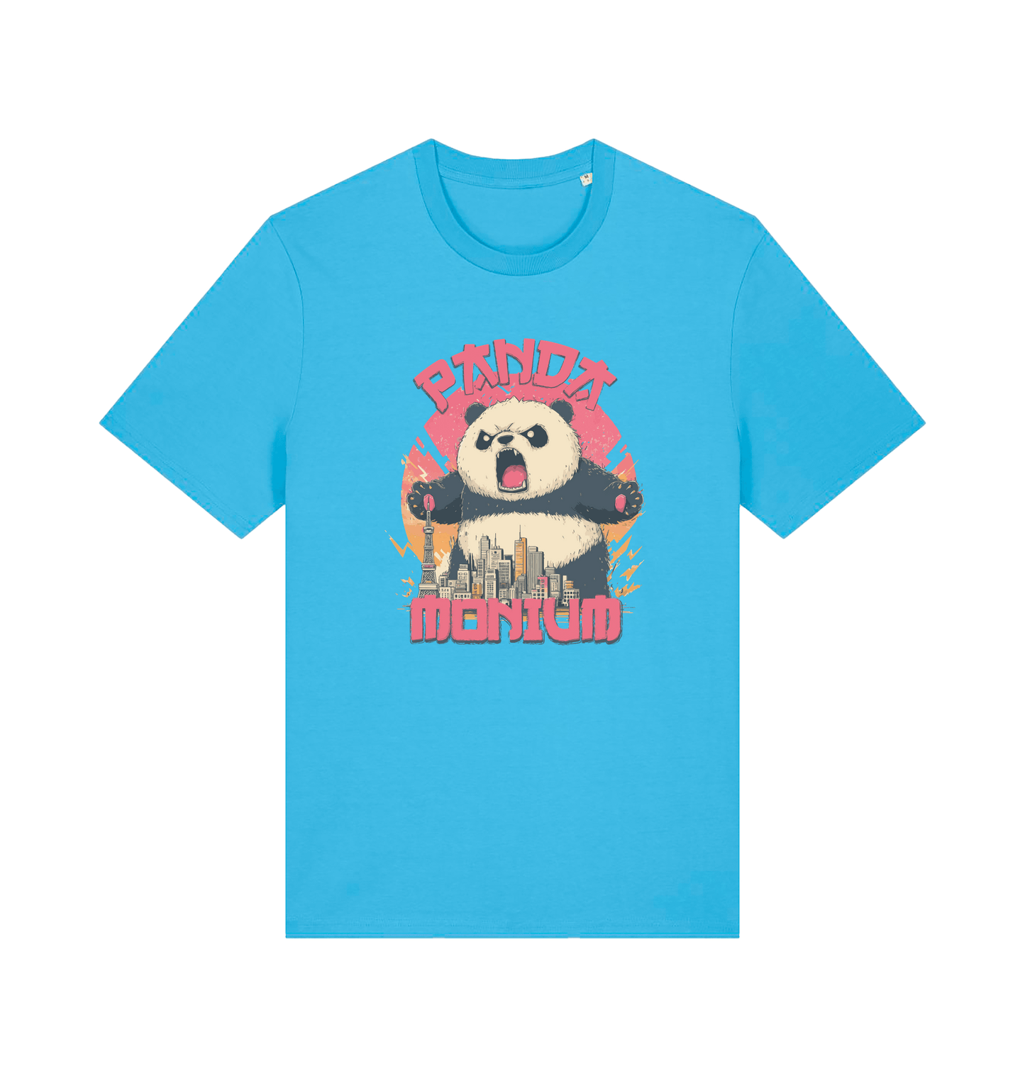 blue funny animal t-shirt with a graphic of a panda standing over a cityscape and the slogan 'Panda Monium' 