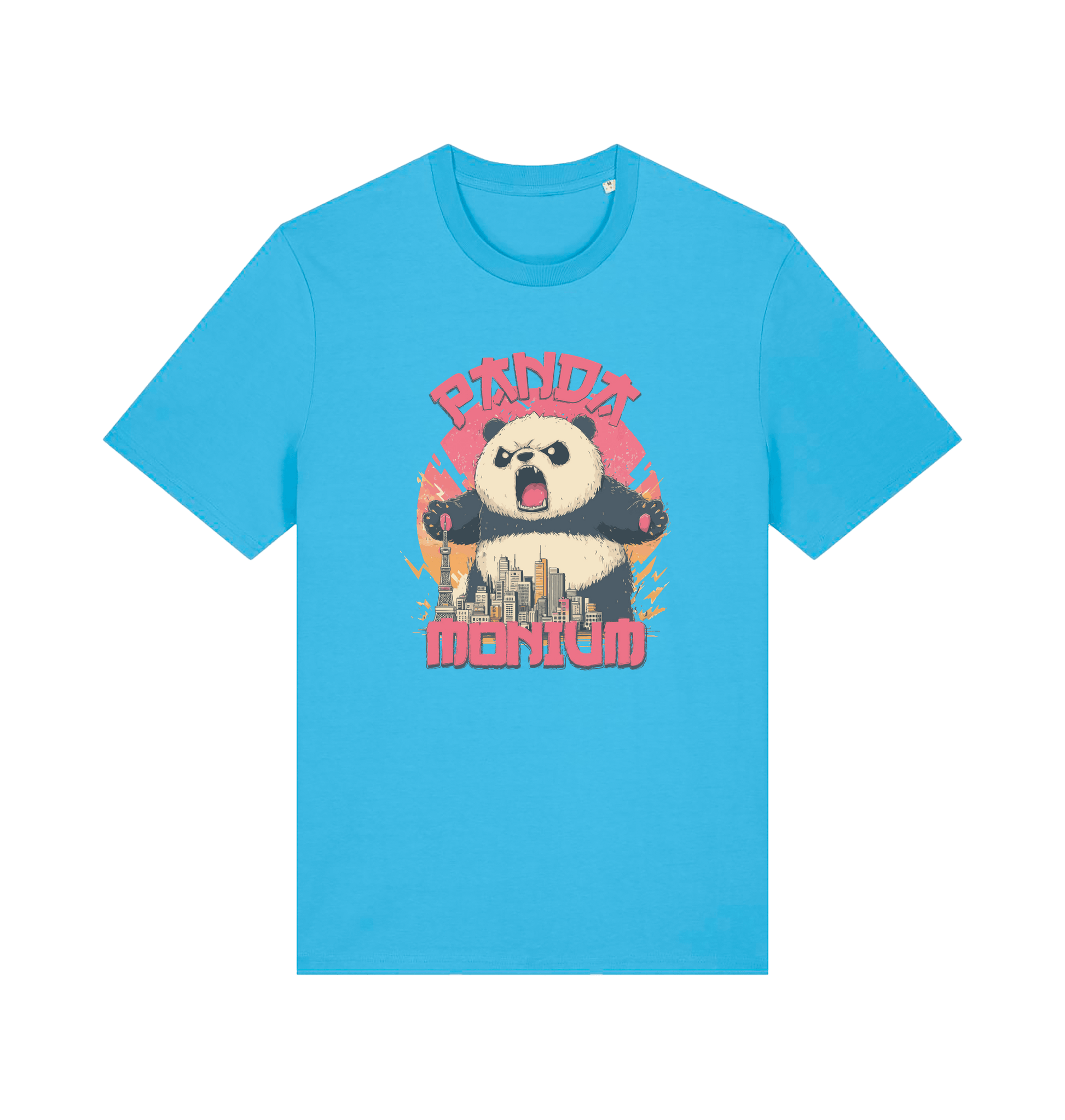 blue funny animal t-shirt with a graphic of a panda standing over a cityscape and the slogan 'Panda Monium' 