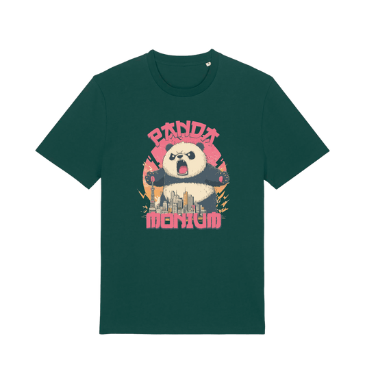 green funny animal t-shirt with a graphic of a panda standing over a cityscape and the slogan 'Panda Monium' 
