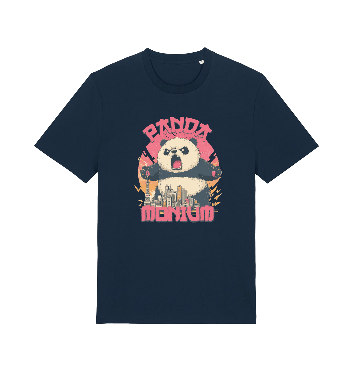 navy funny animal t-shirt with a graphic of a panda standing over a cityscape and the slogan 'Panda Monium' 