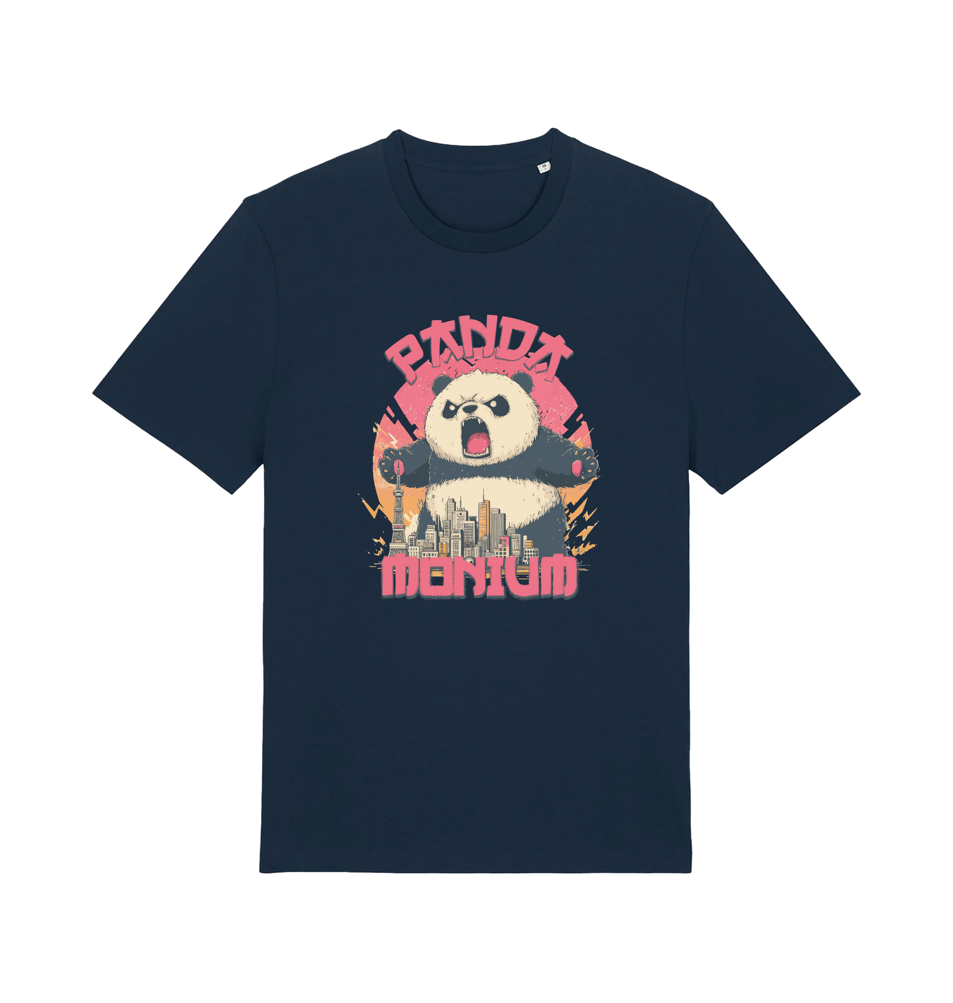 navy funny animal t-shirt with a graphic of a panda standing over a cityscape and the slogan 'Panda Monium' 