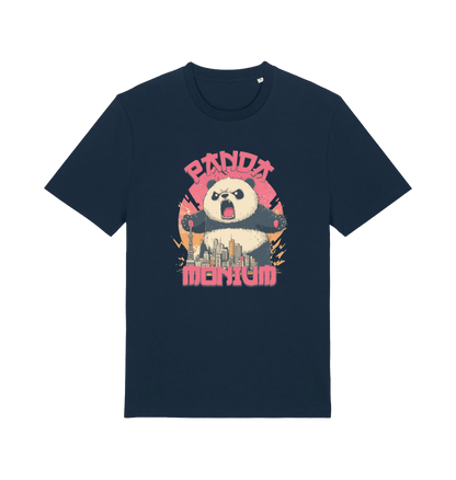 navy funny animal t-shirt with a graphic of a panda standing over a cityscape and the slogan 'Panda Monium' 