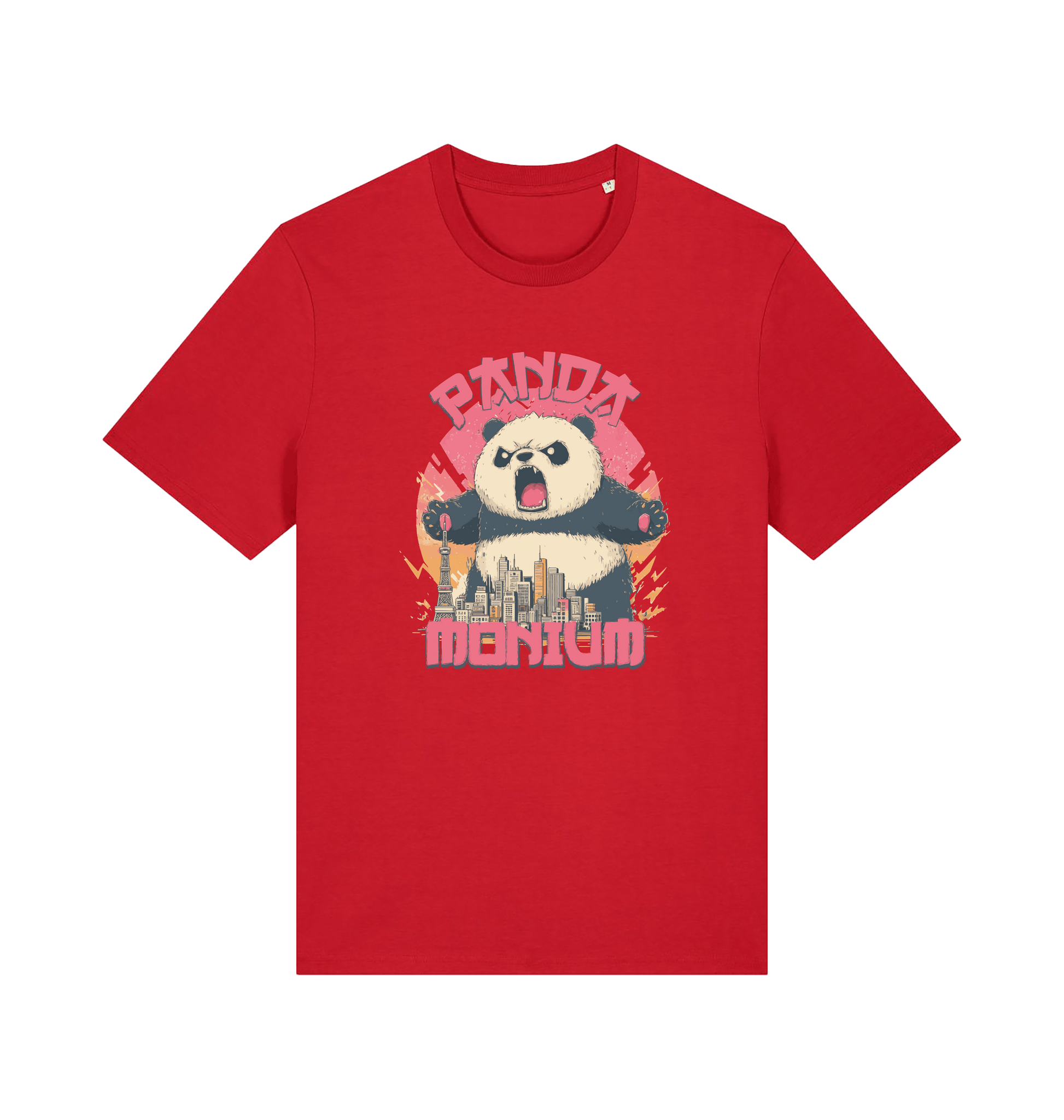 red funny animal t-shirt with a graphic of a panda standing over a cityscape and the slogan 'Panda Monium' 