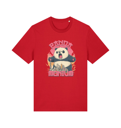 red funny animal t-shirt with a graphic of a panda standing over a cityscape and the slogan 'Panda Monium' 