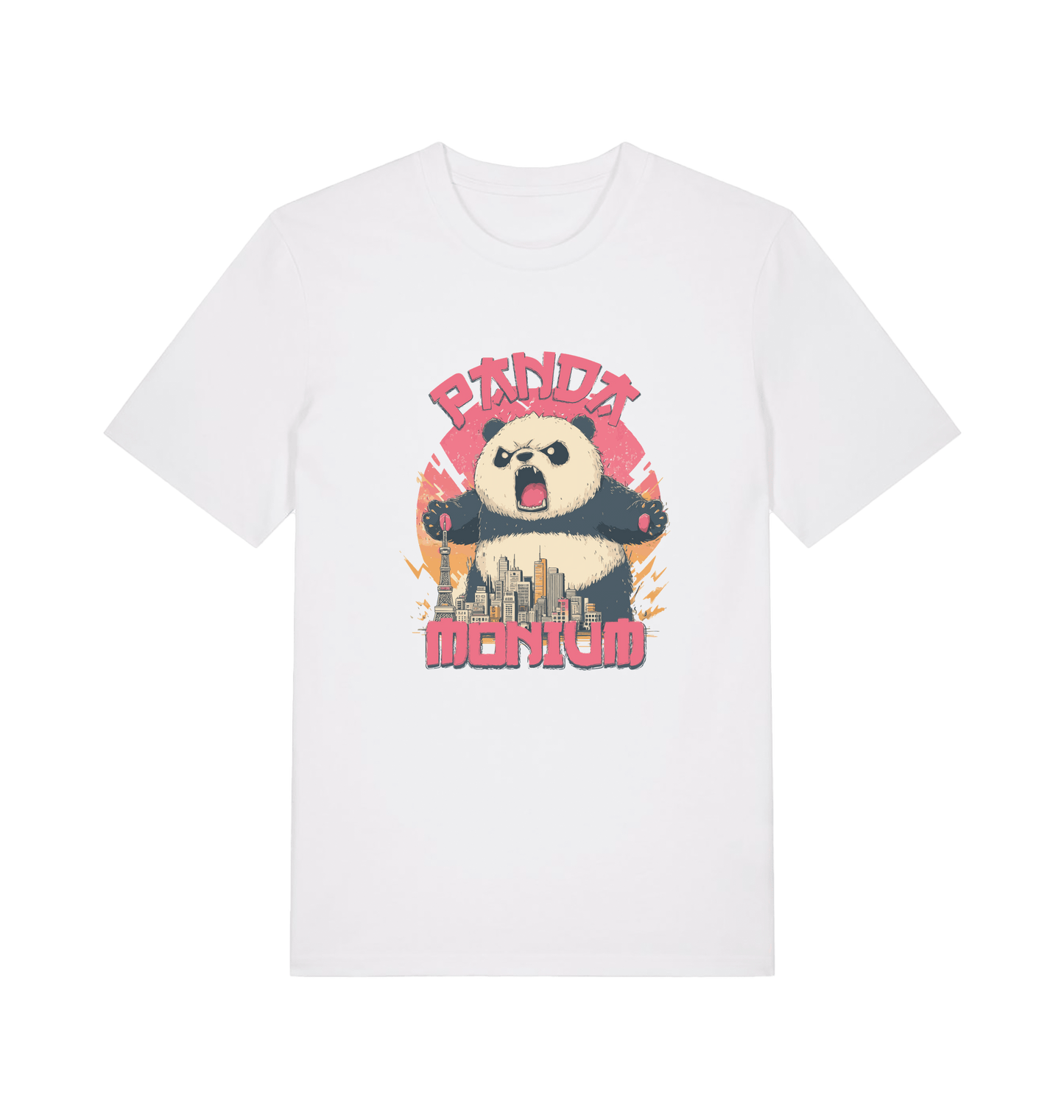 white funny animal t-shirt with a graphic of a panda standing over a cityscape and the slogan 'Panda Monium' 