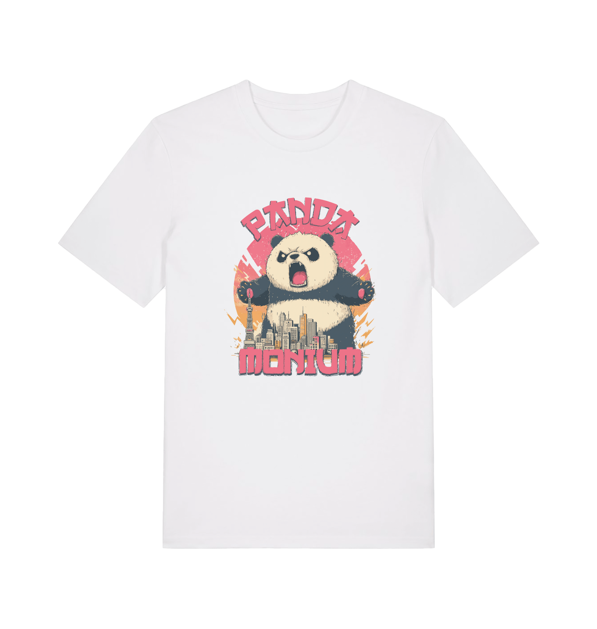 white funny animal t-shirt with a graphic of a panda standing over a cityscape and the slogan 'Panda Monium' 