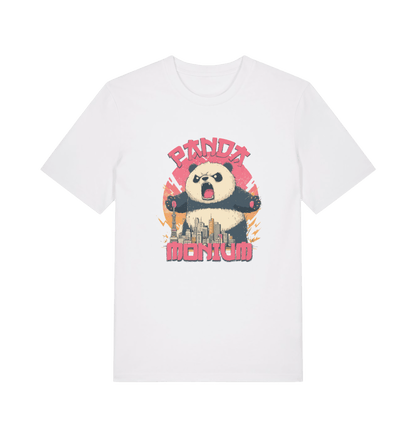 white funny animal t-shirt with a graphic of a panda standing over a cityscape and the slogan 'Panda Monium' 