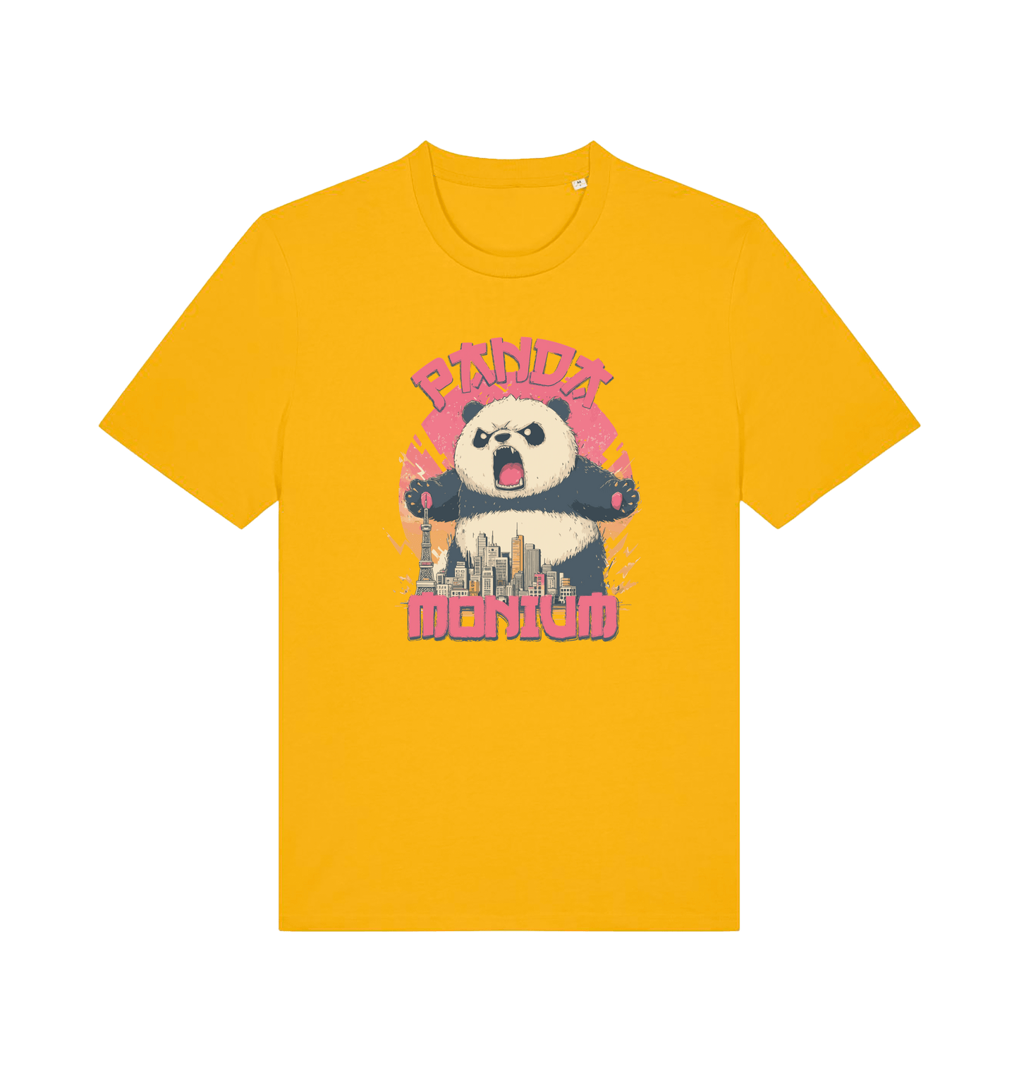 yellow funny animal t-shirt with a graphic of a panda standing over a cityscape and the slogan 'Panda Monium' 