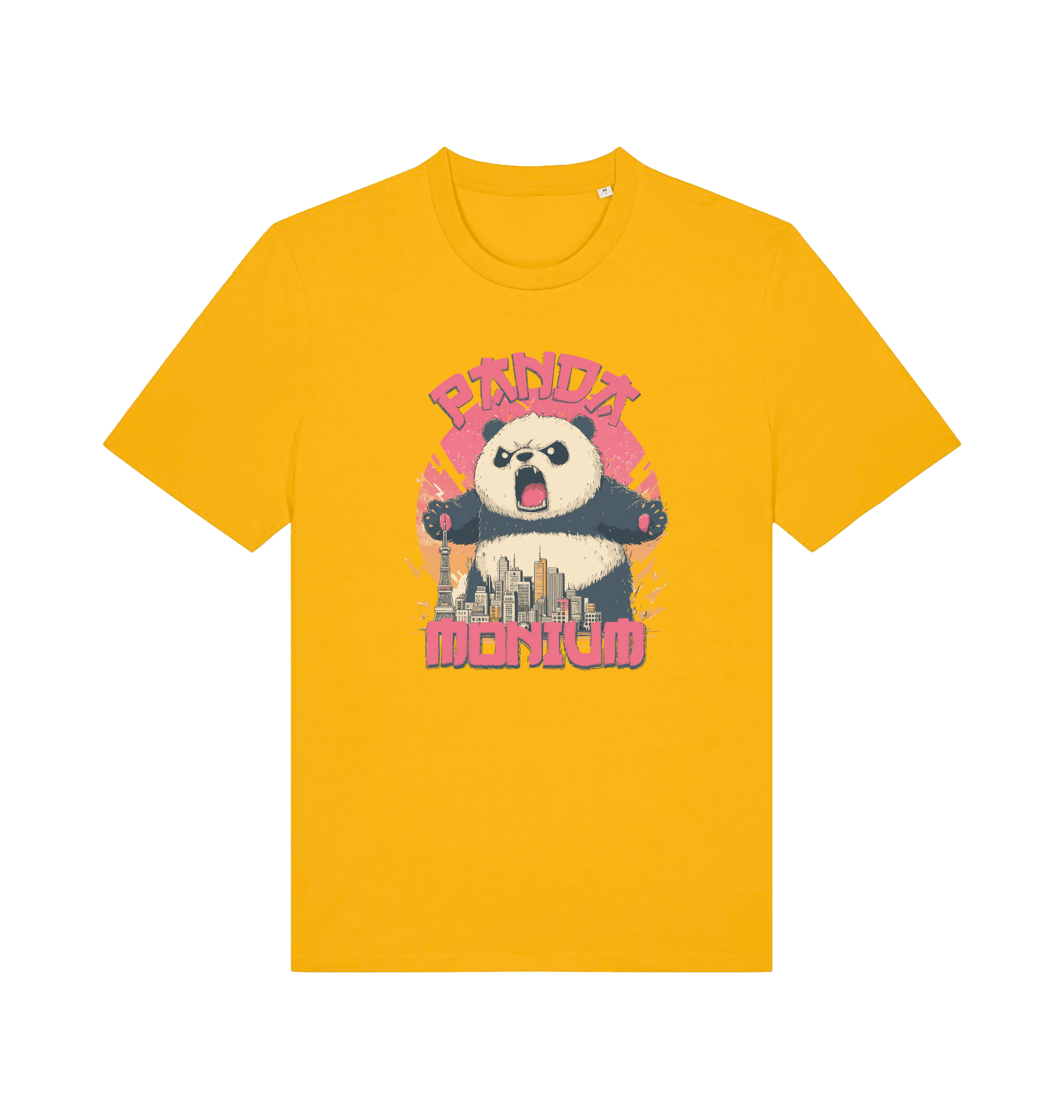 yellow funny animal t-shirt with a graphic of a panda standing over a cityscape and the slogan 'Panda Monium' 