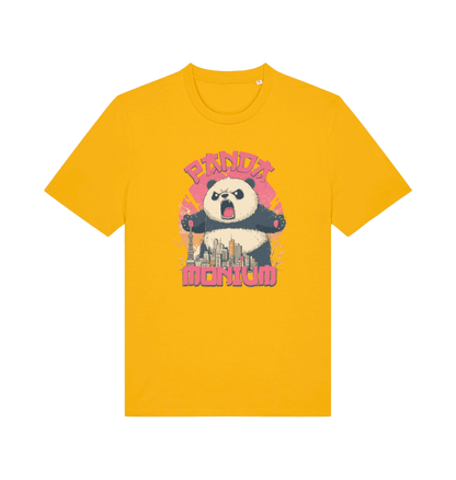 yellow funny animal t-shirt with a graphic of a panda standing over a cityscape and the slogan 'Panda Monium' 
