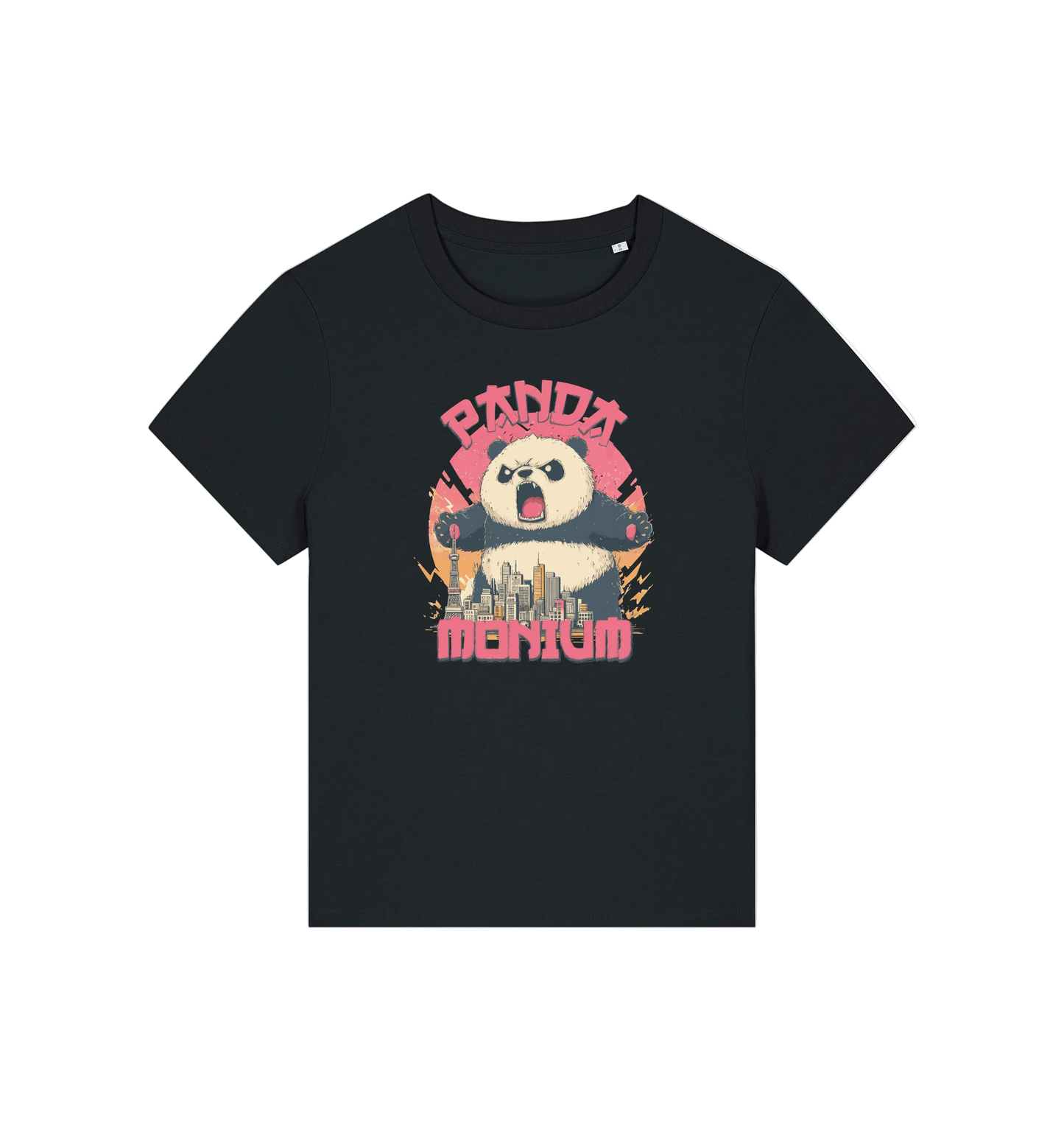 Black funny animal t-shirt with a panda graphic and the slogan pandamonium