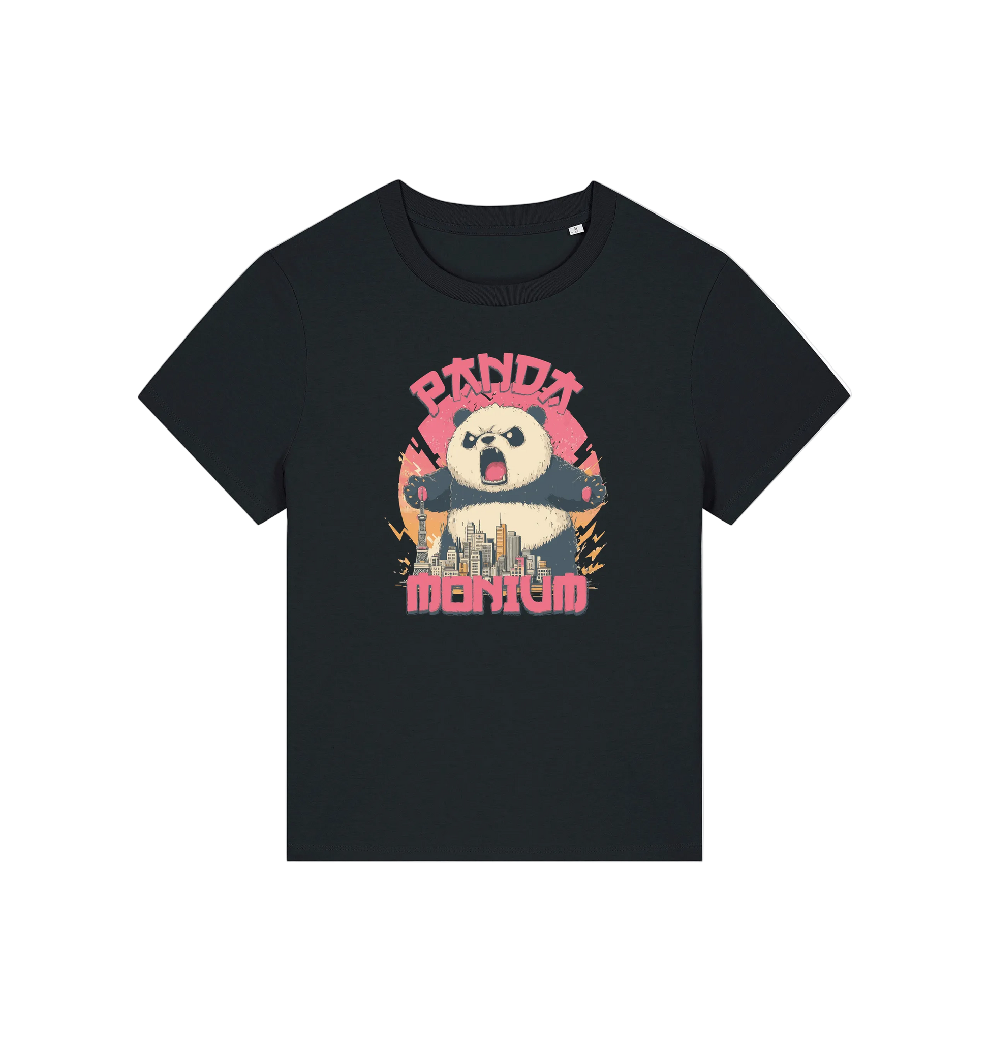 Black funny animal t-shirt with a panda graphic and the slogan pandamonium