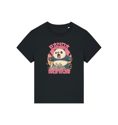 Black funny animal t-shirt with a panda graphic and the slogan pandamonium
