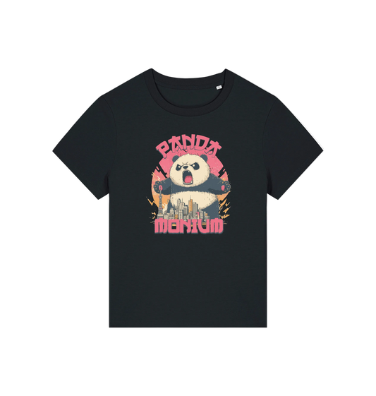 Black funny animal t-shirt with a panda graphic and the slogan pandamonium