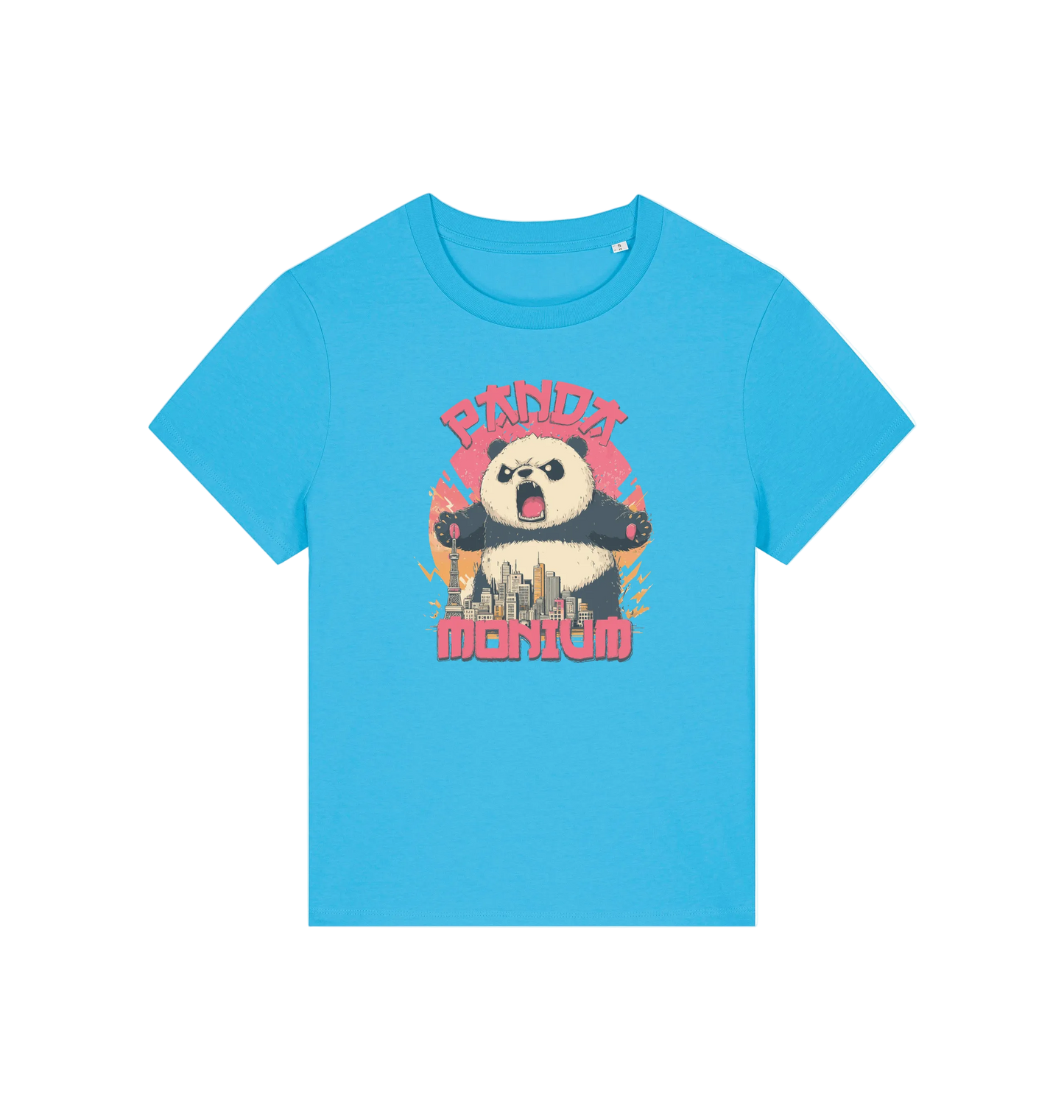 blue funny animal t-shirt with a panda graphic and the slogan pandamonium