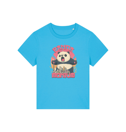 blue funny animal t-shirt with a panda graphic and the slogan pandamonium
