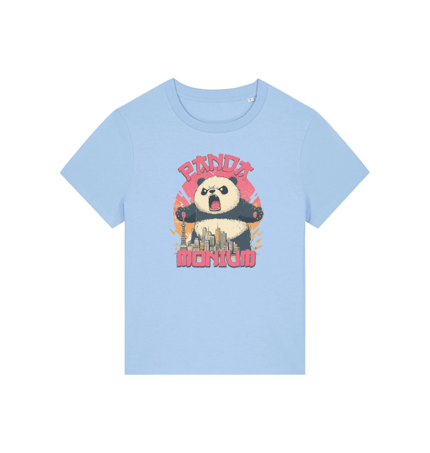 light blue funny animal t-shirt with a panda graphic and the slogan pandamonium