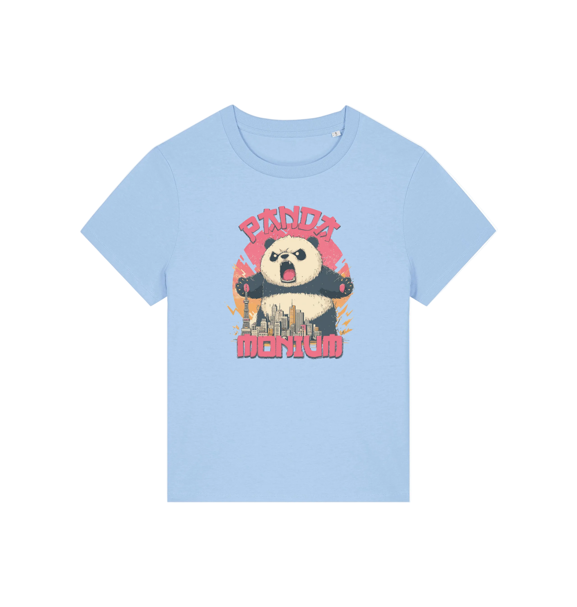 light blue funny animal t-shirt with a panda graphic and the slogan pandamonium