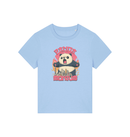 light blue funny animal t-shirt with a panda graphic and the slogan pandamonium