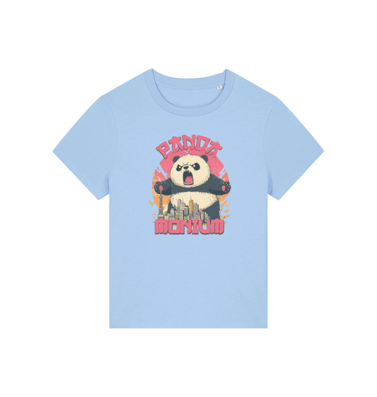 light blue funny animal t-shirt with a panda graphic and the slogan pandamonium
