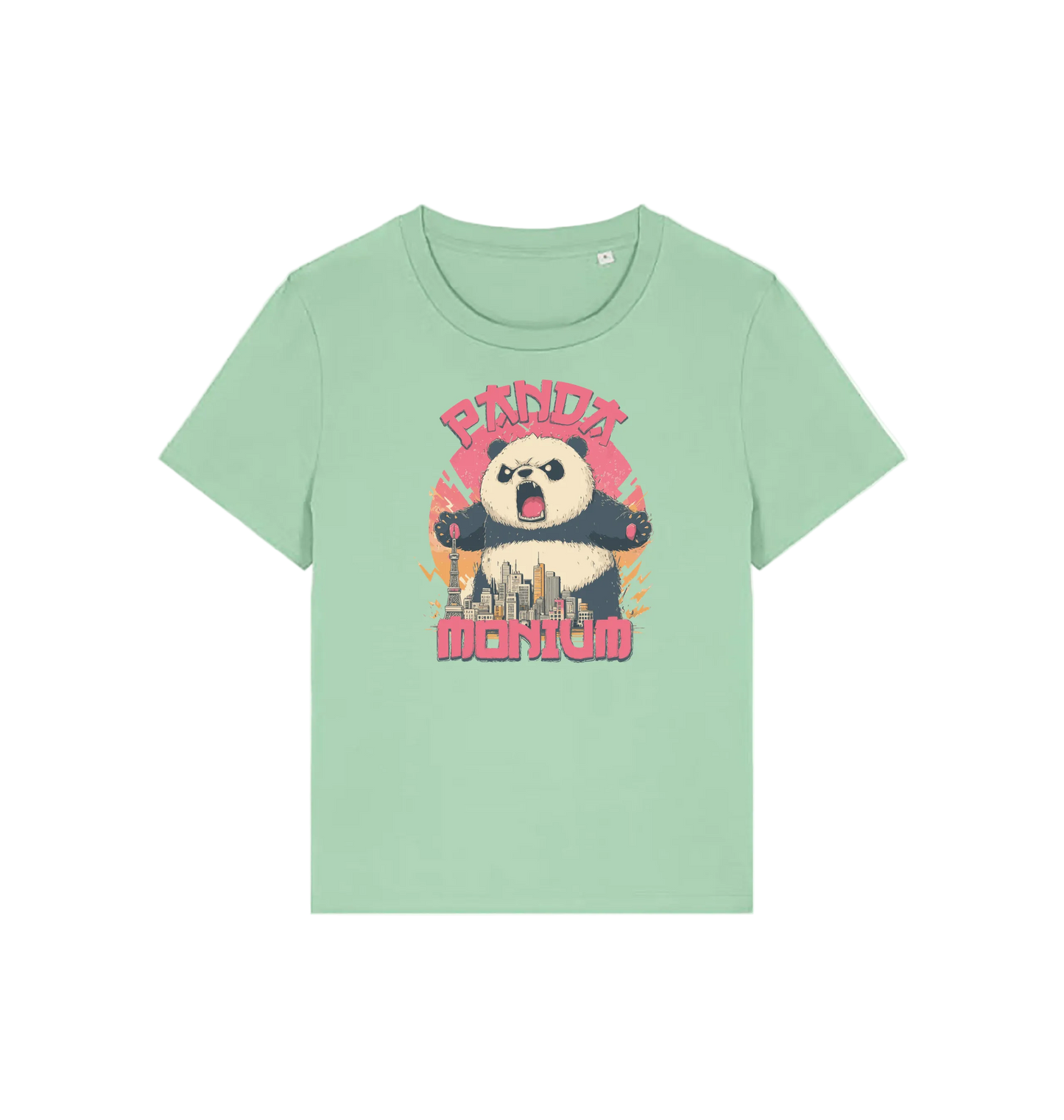light green funny animal t-shirt with a panda graphic and the slogan pandamonium