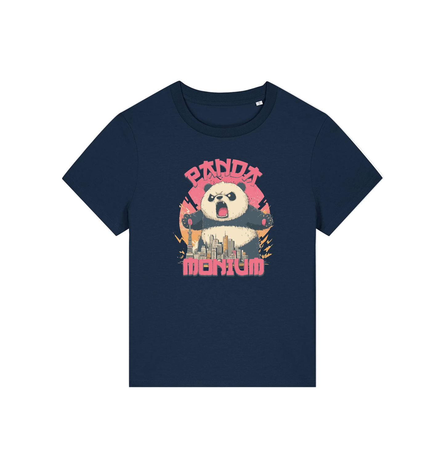 navy funny animal t-shirt with a panda graphic and the slogan pandamonium