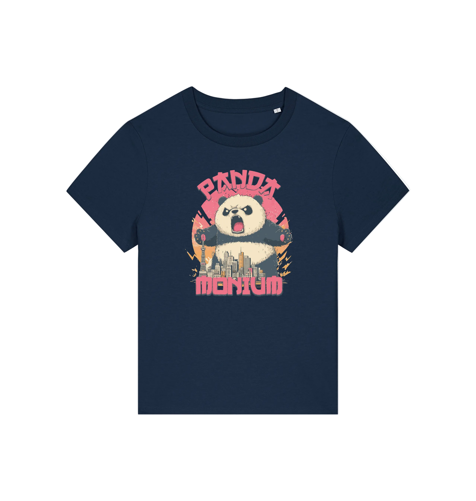 navy funny animal t-shirt with a panda graphic and the slogan pandamonium
