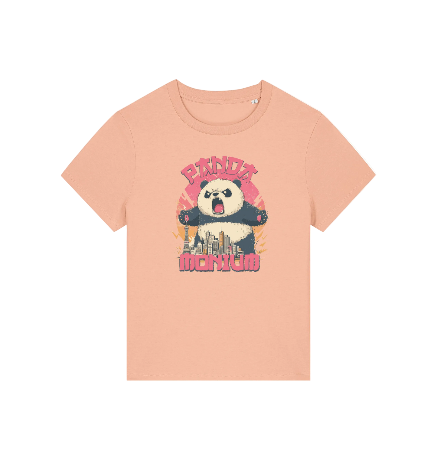 peach funny animal t-shirt with a panda graphic and the slogan pandamonium