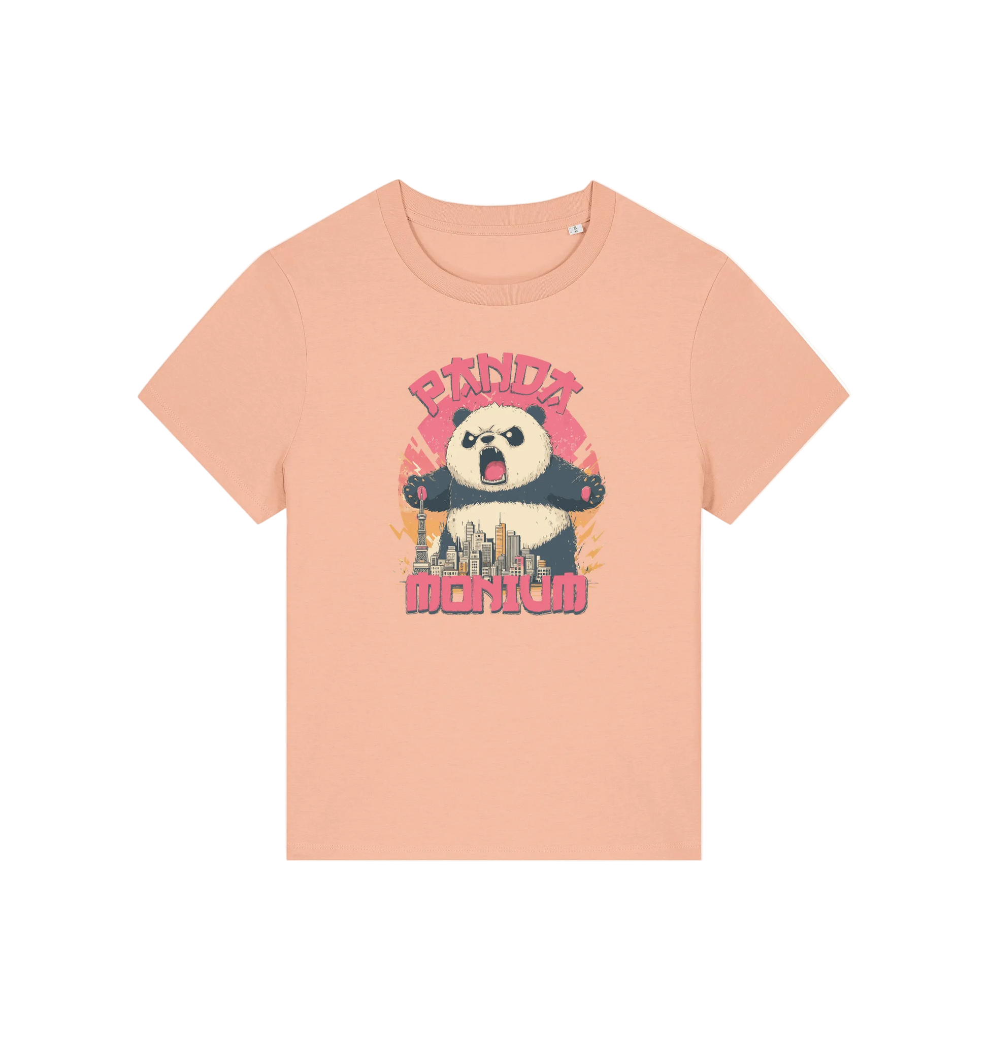 peach funny animal t-shirt with a panda graphic and the slogan pandamonium