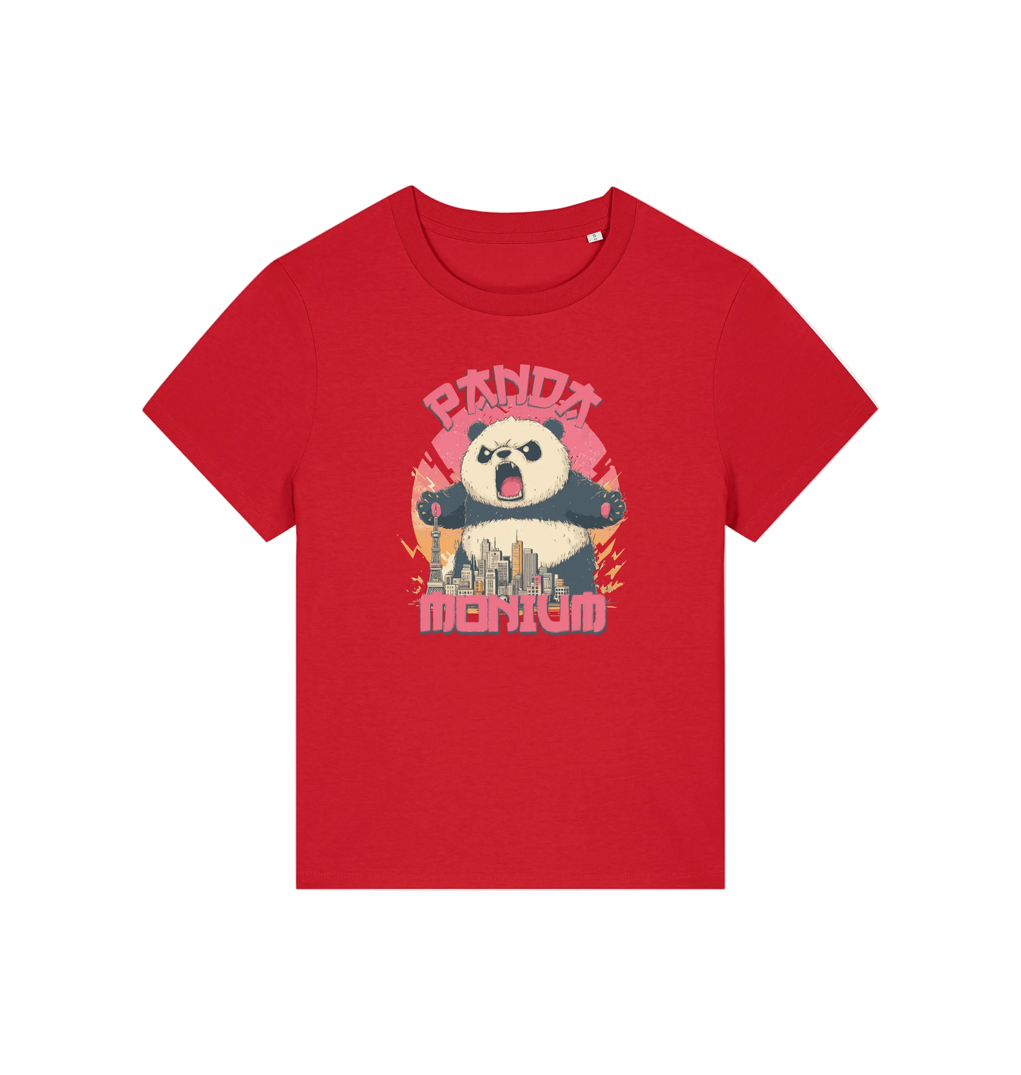 red funny animal t-shirt with a panda graphic and the slogan pandamonium
