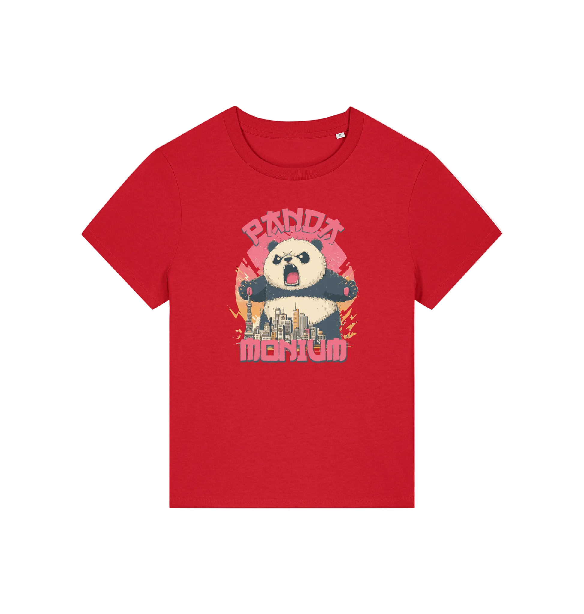 red funny animal t-shirt with a panda graphic and the slogan pandamonium