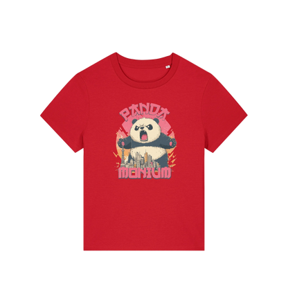 red funny animal t-shirt with a panda graphic and the slogan pandamonium