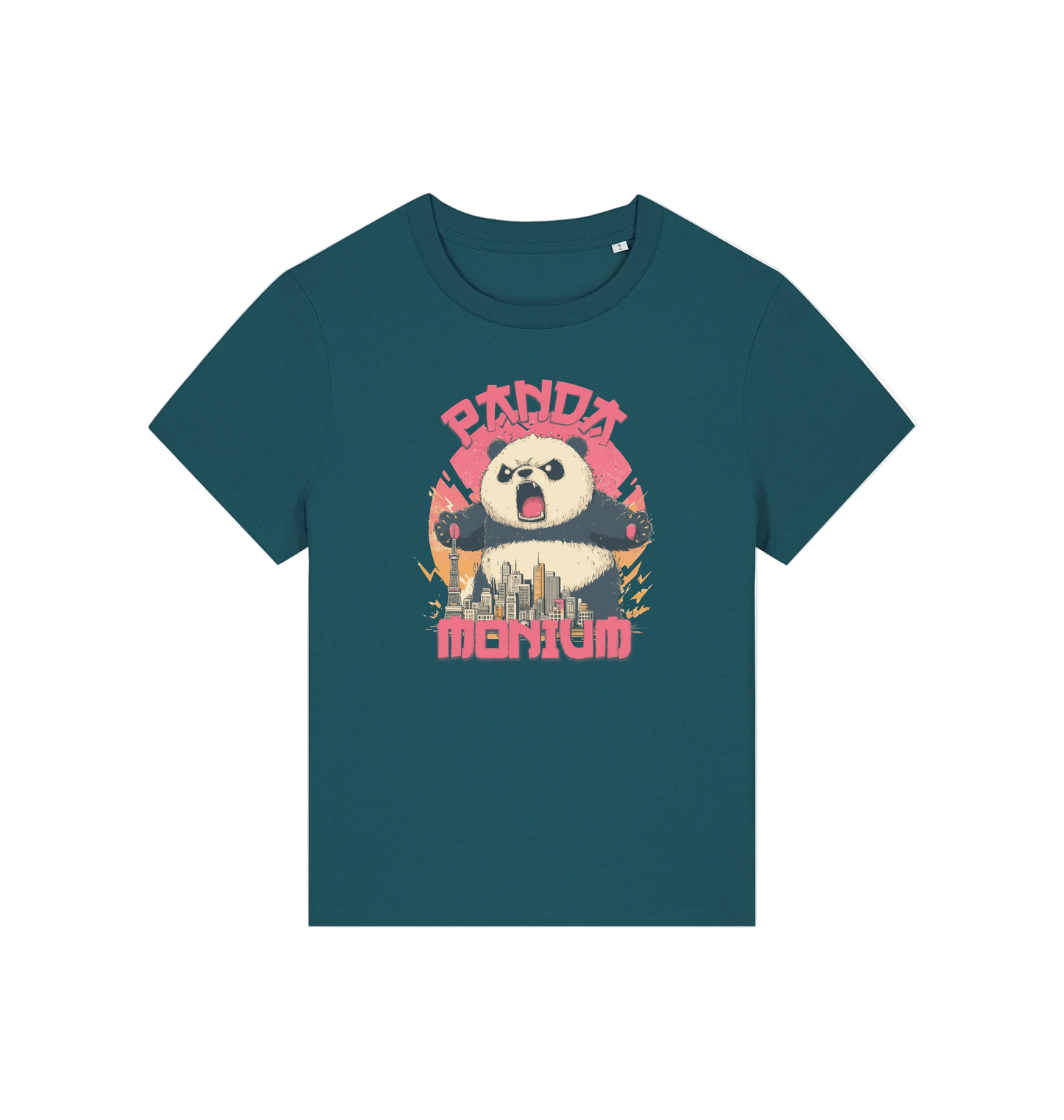 teal funny animal t-shirt with a panda graphic and the slogan pandamonium