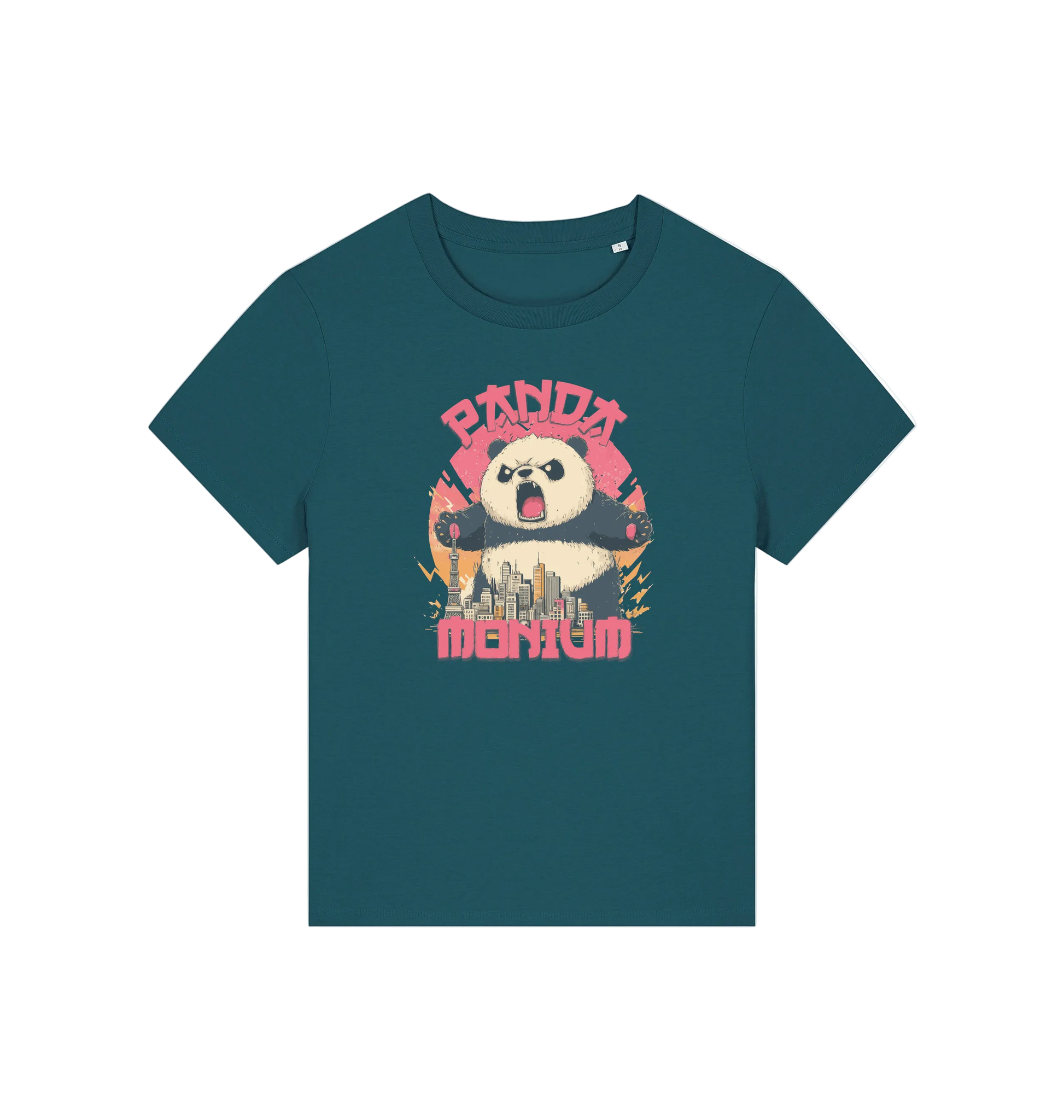 teal funny animal t-shirt with a panda graphic and the slogan pandamonium