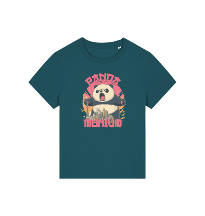 teal funny animal t-shirt with a panda graphic and the slogan pandamonium