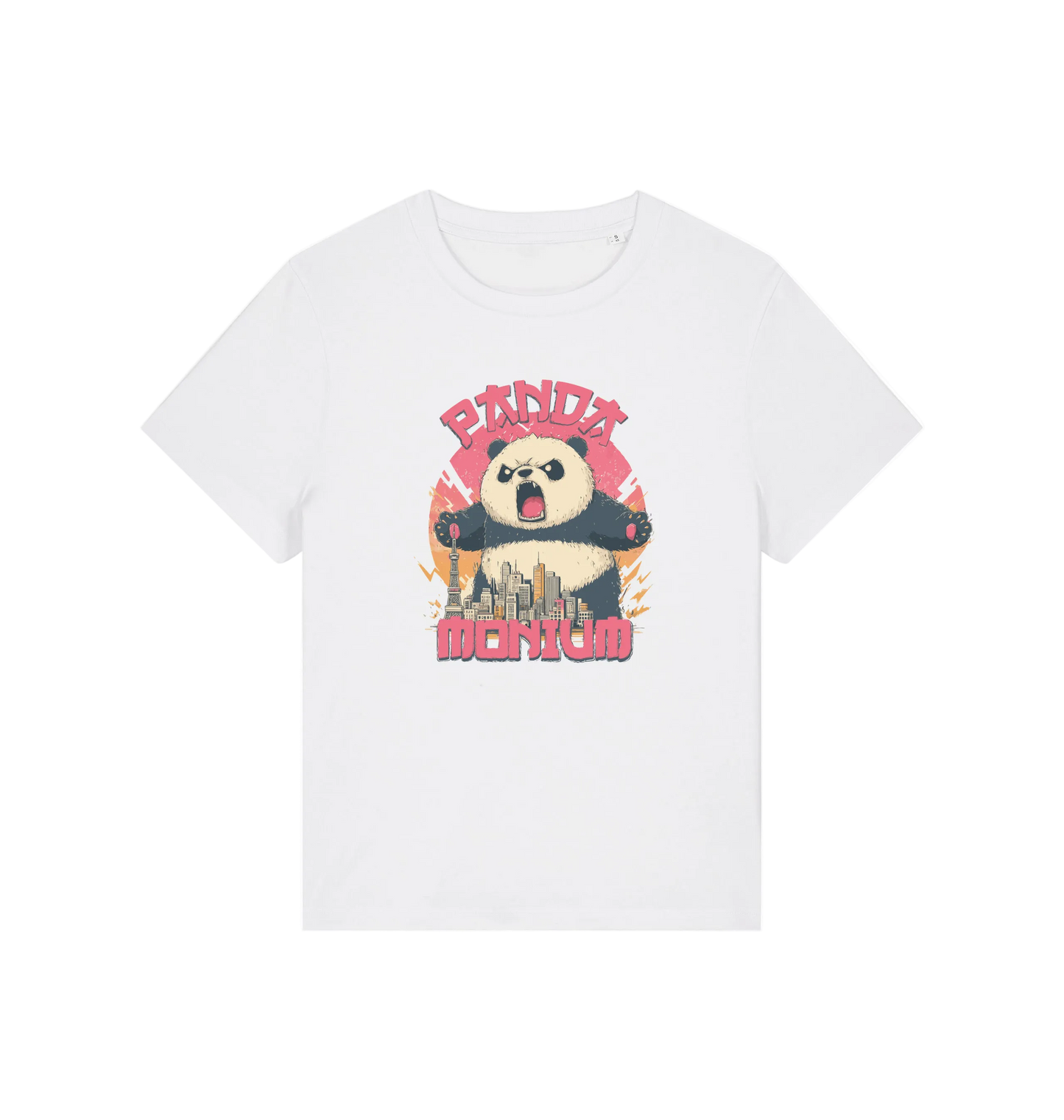 white funny animal t-shirt with a panda graphic and the slogan pandamonium