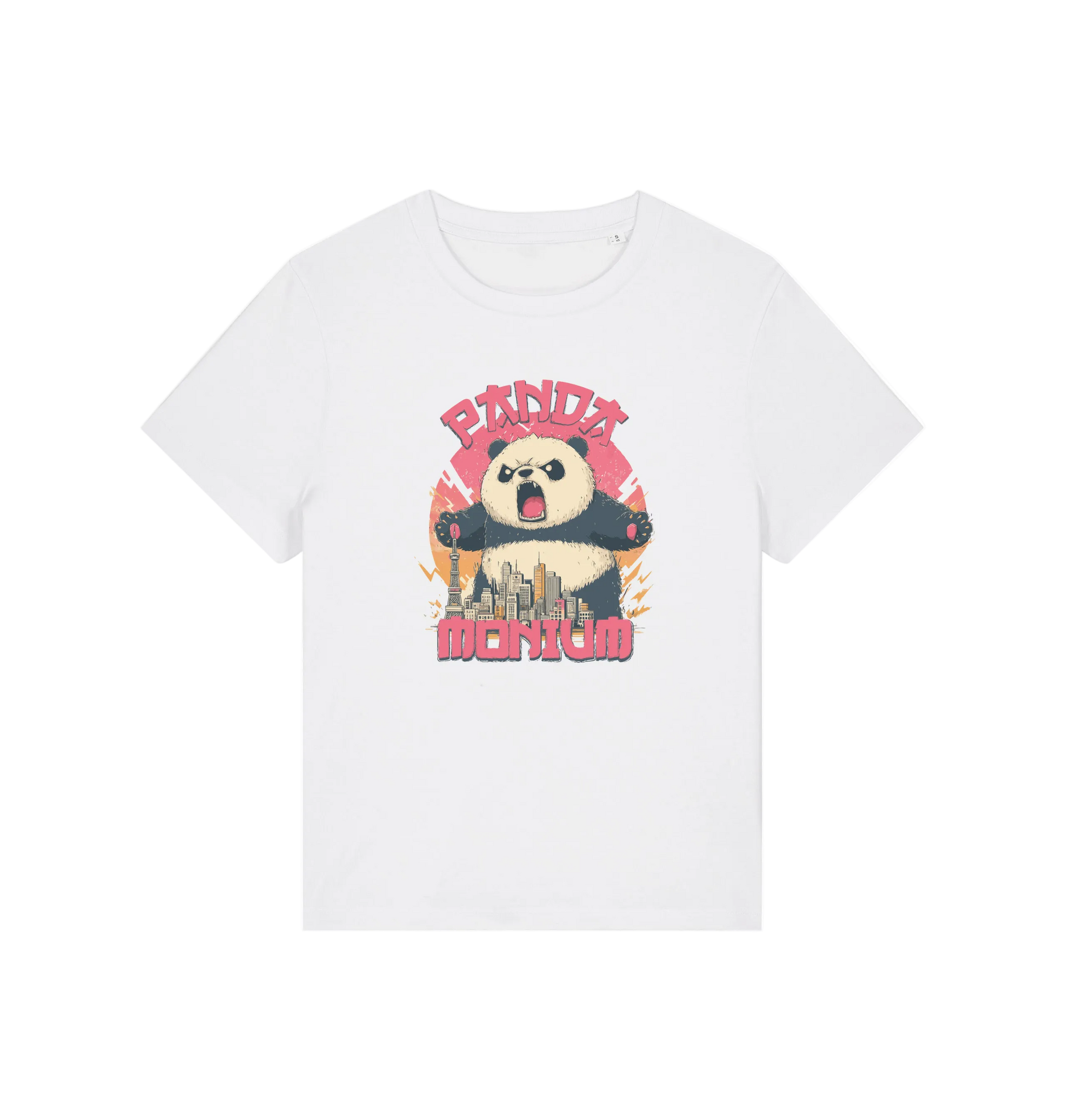 white funny animal t-shirt with a panda graphic and the slogan pandamonium