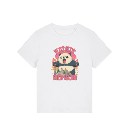 white funny animal t-shirt with a panda graphic and the slogan pandamonium