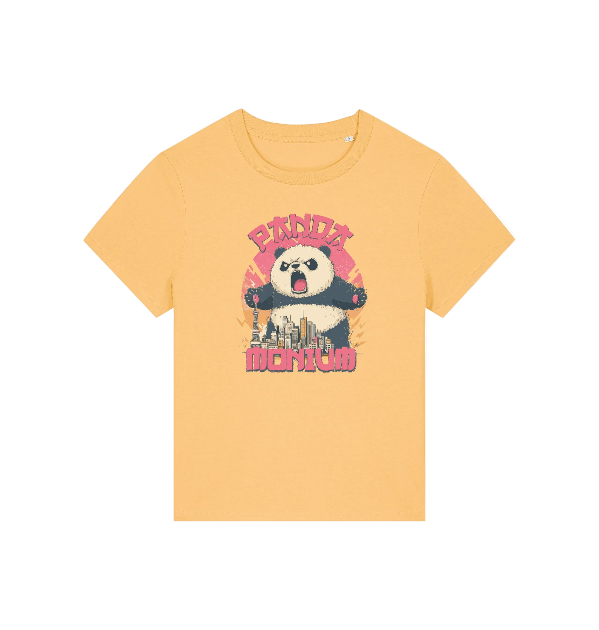 yellow funny animal t-shirt with a panda graphic and the slogan pandamonium