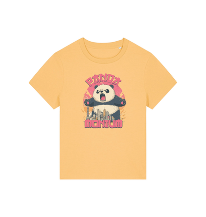 yellow funny animal t-shirt with a panda graphic and the slogan pandamonium