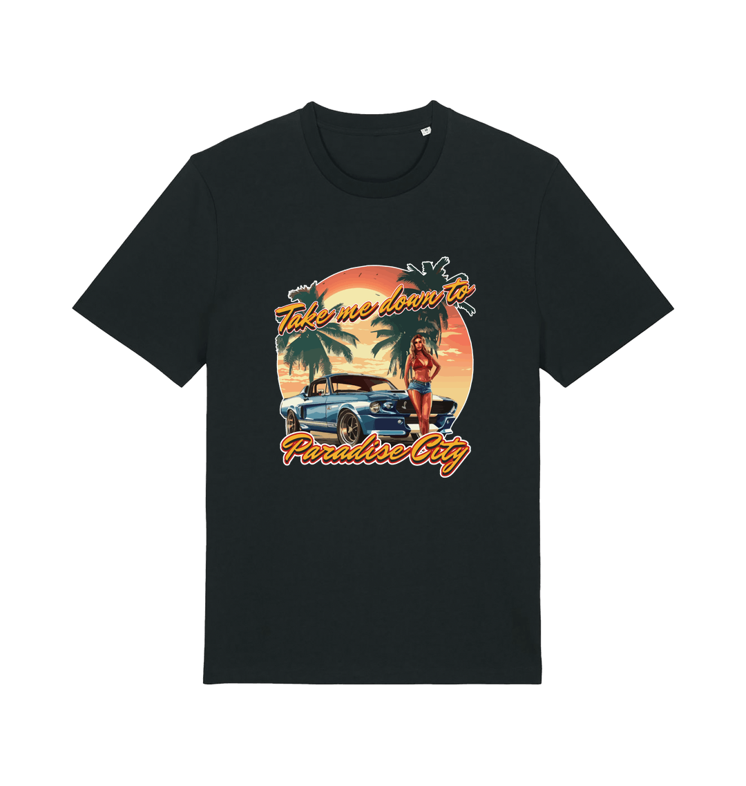 Black music t-shirt with a tropical graphic design featuring a car, palm trees, and the slogan 'take me home to the paradise city'