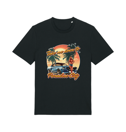 Black music t-shirt with a tropical graphic design featuring a car, palm trees, and the slogan 'take me home to the paradise city'