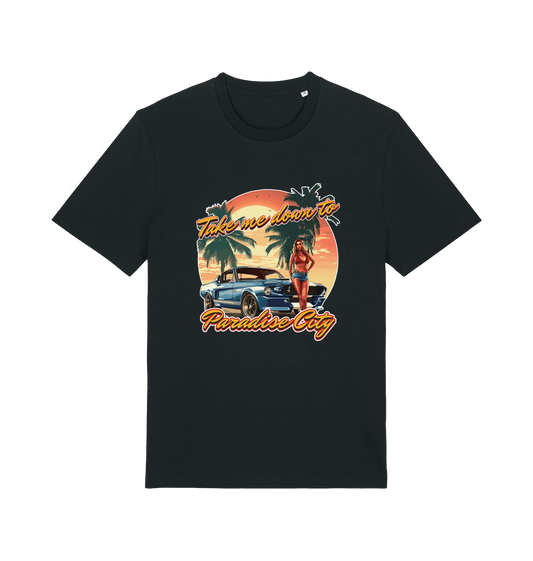 Black music t-shirt with a tropical graphic design featuring a car, palm trees, and the slogan 'take me home to the paradise city'