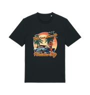 Black music t-shirt with a tropical graphic design featuring a car, palm trees, and the slogan 'take me home to the paradise city'