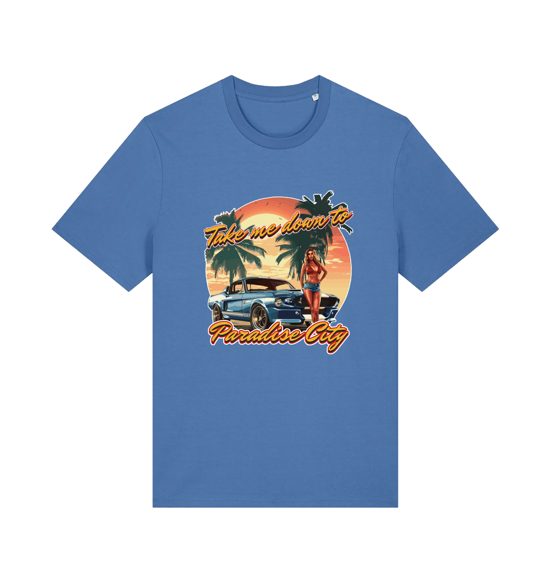 blue music t-shirt with a tropical graphic design featuring a car, palm trees, and the slogan 'take me home to the paradise city'