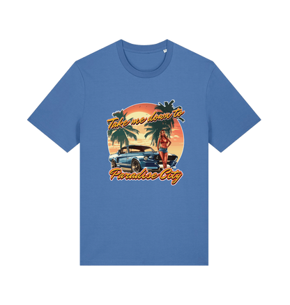 blue music t-shirt with a tropical graphic design featuring a car, palm trees, and the slogan 'take me home to the paradise city'
